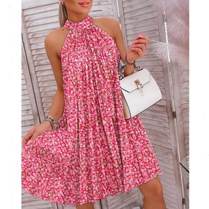 Ins Halter Printed Dress Womens Summer Summer Roose Large Swing Skirtショート