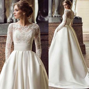 Nuove maniche lunghe trasparenti a linea abiti da sposa Appliques in pizzo abiti da sposa in perline da sposa formali abiti da giardino lungo il matrimonio in raso personalizzato più dimensioni di abiti da sposa al collo trasparente