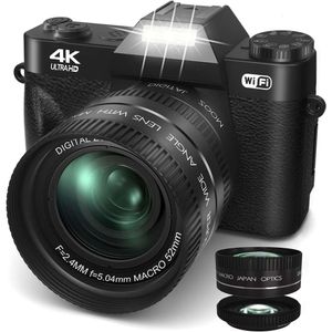 2024 Upgraded 4K 56MP Digital Camera for Photography UIKICON Blog Camera with 180° Flip Screen, WiFi, 16x Digital Zoom, 52mm Lens, 2 Batteries, 32GB TF Card, Black