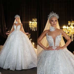 Abiti da sposa con abiti da ballo con paillettes glitter abiti da sposa a maniche lunghe a collo alto