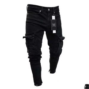 Herren Jeans Herren dehnen schwarze große Seitentaschen Fracht Fashion Reißverschluss kleiner Fuß -Denimhosen Elastische Jogginghose Streetwear 23122 Dhyah