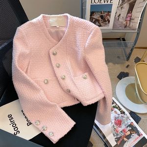 Kvinnor Långt ärm Tweed Desinger Jacket Pink Color O-Neck Single Breasted Short Coat SML