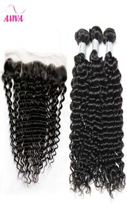 I capelli virginici ricci brasiliani si intrecciano con chiusure frontali in pizzo 3 bundle indiano peruviano malese cambogiano profondo Jerry Curly Remy 7376143