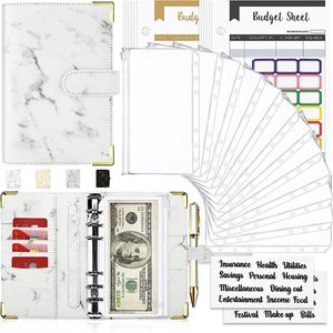 A6 Money Saving Organizer White PU Leather Budget Binder Marble Notebook Budgets Planner Envelope Office School Supplies 240415