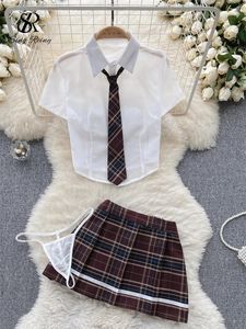 Singreiny Plaid JK Uniform Erotische Anzüge Dessous weibliche Kurzarmblusenblusenblusen -Röcke Anzüge Frauen Cosplay bloße sexy Sets 240403