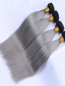 Peruvian Straight Human Hair Weaves Ombre 2 Tones 1BGrey Color Double Wefts 100gpc Can Be Dyed Bleached9807593