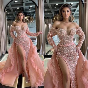 Runway Dresses Gorgeous Celebrity For Women Sweetheart Neck Long Sleeves Gown Slim Fit Sequins Beads Split Skirt Custom Made