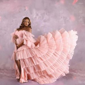 Sukienki imprezowe puszystą różową plisowaną tiulową suknię tiulową z rozciętym baby shower sukienka urocze vestidos