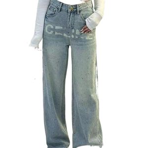 Mulheres de jeans de cintura alta letra de jeans imprimir diamantes de shinestone de luxo remendados de perna larga larga calça longa calça smlxl