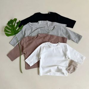 2023 Autumn Baby Long Sleeve T Shirt Cotton Boy مخططة أسفل القمم الفتاة الصلبة البسيطة البسيطة للرضع الرضي