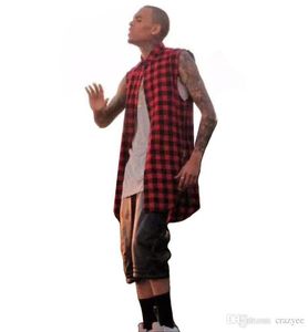 2017 t shirts for menplaid Hip Hop Men Shirt Chris Brown oversized Gold Side Zipper Extended Plaid shirt men casual Red Sleeveless9937044