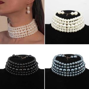 Necklace Earrings Set Fashion Imitation Pearl & Multilayer Choker Statement Jewelry For Wedding Banquet DropShip