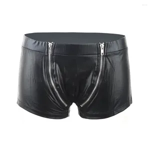 Women's Panties Male Lingerie Boxers Sexy Men Erotic Jockstrap Leather 2 Zippers Underwear Black Faux Vinyl Boxer Shorts