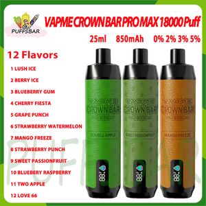 Аутентичный Vapme Crown Bar Pro Max 18000 Puff Onderable E-сигарета 25 мл 12 вкусов 0% 2% 3% 5% Перезаряжаемая батарея 18K 18K