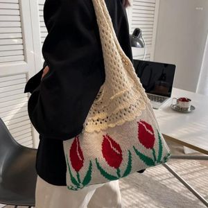 Shoulder Bags Tulip Knitted Bag Retro Flower Woolen Braid Handbag Fashion Art Chic Summer Holiday Tote For Women