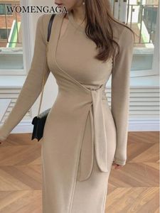 Abiti casual Womengaga Corea 2024 Spring sottile elegante cravatta ad alta vita Abito da festa a metà lunghezza Donne XT6Q