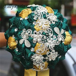 Hochzeitsblumen Eillyrosia Satin Brosche Bouquet Emerald Grüne Gold Rosen Seidenbandkristalle Halten maßgeschneiderter Farbbraut