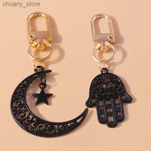 Keychains Lanyards Cool Black Alloy Star Moon Keychain Hamsa Hand Key Ring Pendants for Handbag Decor DIY Punk Jewelry Accessories Y240417