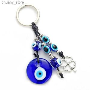 Keychains Lanyards 652F Four-leaf Clover Keychain Bohemian Style Blue for Evil Eye Pendants Keychain Fashionable Personality Blue Beads Keychain Y240417