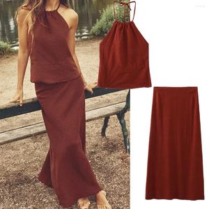 Work Dresses Withered Moroccan Retro Style Brick Red Fashion Camisole Top High Waist Midi Skirt Two Pieces Set Women