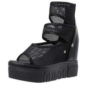 12cm Black Gladiator Sandals Women Botas de tornozelas de verão Feminino Aumento de sapatos de plataforma Peep Toe Roma Sandal 240412