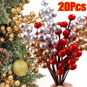 Decorative Flowers 1/20pcs Christmas Fake Holly Berry Branch 12 Heads Artificial Red Stems DIY Wreath Xmas Tree Ornament Year Party Decor