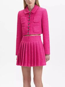 Women Tweed Rose Red Set Turn-down Collar Short Coat with Diamonds Buttons or High Waist Pleated Mini Skirt Suit 240417