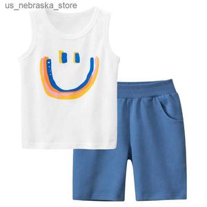 T-Shirts Brandneue Kinderkleidung Set Sommer 2024 Jungen Weste Anzug Kinder Kleidung ärmellose Bottom Shirt + Beach Shorts 2pcs Dropship Q240418