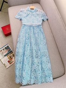 Spring Summer Blue Floral Print Panelled Lace Dress Short Sleeve Stand Collar Belted Midi Casual Dresses GL4A18