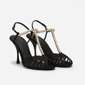 Sandały Damskie czarne puste buty Summer Rhinestone Tain T-Strap Różowy jedwabny jedwabny Kute szpilki szpilki Sexy 43