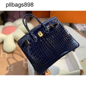 Handgefertigte 7A -Handtaschen -Bikns echtes Leder Luxus Krokodilhaut 25 cm Mitternacht Blau Womens43O0