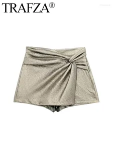 Women's Shorts TRAFZA 2024 Woman Gold Knot Mini Skirt Skort Pleated High Women Waist Short Skirts Chic Elegant