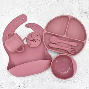 7pcs/conjunto Baby Silicone Tableware Conjunto de louça para bebês PRAIOS DE BEBIDO DE BEBIA BPA BIBS GRATUITO FILHO DE FILHO