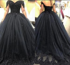 2024ネイビーブループロムドレスオフショルダーレースアップリケビーズコルセットバッククリスタルスイープトレインQuinceanera Party Ball Gown Custom Made