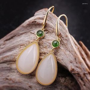 Kolczyki Dangle Natural Hetian White Jade w kształcie kropli w stylu retro prosta i elegancka zimowa biżuteria damska