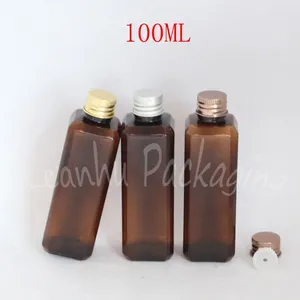 Bottiglie di stoccaggio da 100 ml di bottiglia di plastica marrone con tappo di alluminio da 100 cc shampoo / imballaggio d'acqua contenitore cosmetico vuoto (50 p / lotto)