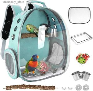 Dog Carrier Bird Carrier Backpack Pet Travel Carrier with Standing Perch Parrot Cockatiel Cage with Toy Food Bowl and Stainless Steel Tray L49