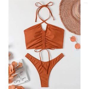 Women's Swimwear Halter Wrinkled Lace Up Bikini Female Swimsuit Women Two-pieces Set Padded Bather Bathing Suit Swim Lady K3473