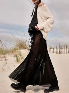 Kjolar kvinnor spetsar midi kjol ren mesh boho ruffle long flowy se genom strand blommig maxi