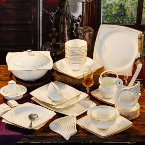 Zestawy Nordic Bone China Dania ustawione w domu Highgrade Jingdezhen Ceramics Cutlery Set European Phnom Penh Squarehigh Quatity