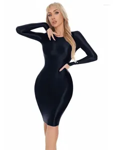 Lässige Kleider Langarm Glanz glänzend glänzend Midi Kleid Strumpfhose Paket Hip Sexy Vestido Bodycon Minifalda Clubwear Robe Fantasy Dessous Dessous