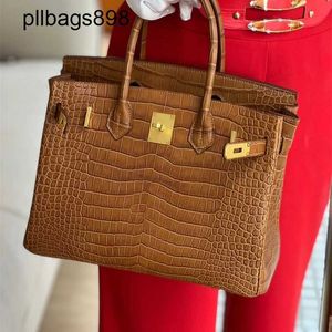 Handmade 7a Handbag Bikns Genuine Leather Mist Faced Crocodile Skin Gold Brown Womens Luxury 30CMMAJE