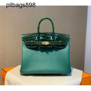 Handmade 7a Handbag Bikns Genuine Leather Green Leather with Crocodile Skin Touch Gold Button 25CM Womens600Q