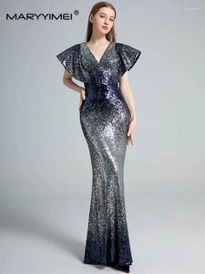 Party Dresses MARYYIMEI Gold/Silver Summer Women's Dress V-neck Backless Flying Sleeve Shiny Sequins Sexy Ball Mermaid Maxi