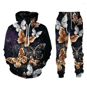 Herrspårsfall Casual hoodie Set 3D Art Personlig fjäriltryck Pullover Europeiska och amerikanska sport