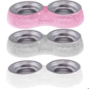 Dog Bowls & Feeders Double Pet Bling Cat Food Water Feeder Stainless Steel Feeding Supplies Pets Accessories 221114 Drop Delivery Home Dhxpu