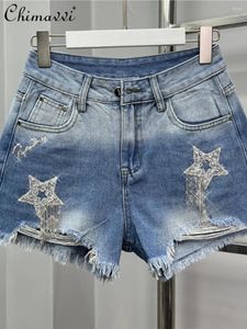 Kvinnors jeans europeiska station denim shorts 2024 Sommar mode lös smal rippad strass Tassel a-linje bredbenbyxor