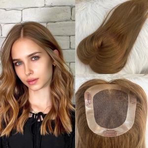 Fechamentos Mono Base Hair Topper Real Humano Cabelo Médio Brown Clipe Top em pedaços de cabelo 11*12cm