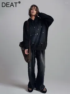 Kadınlar iki parçalı pantolon 2 adet set patchwork denim kapüşonlu yıldız payetler ceket elastik bel gevşek peluş kot pantolonlar 2024 yaz moda