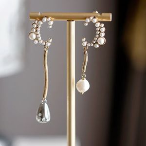 Individualized Cold Wind Crescent Earrings Natural Baroque Pearl Droplet Pendant Vintage Long Asymmetric Earring Jewelry